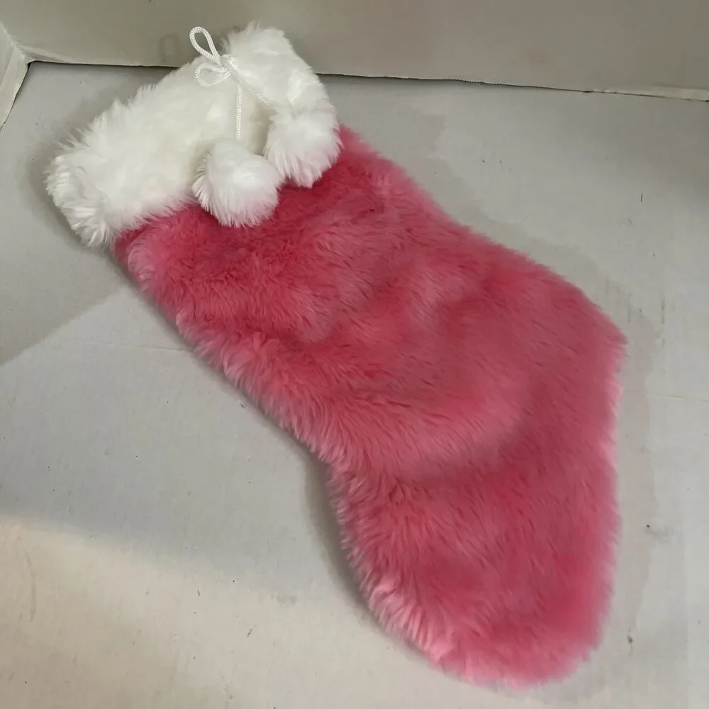 Lerrio & Bifeen Pink Faux Fur Christmas Stocking Pom Poms 20” Fuzzy